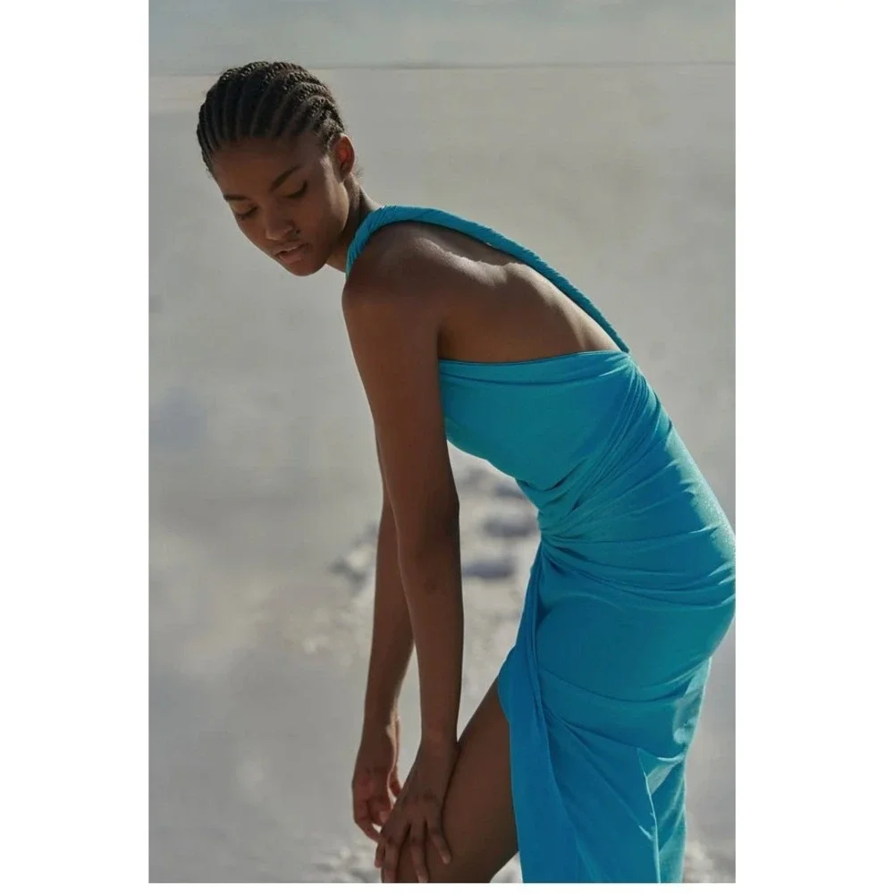 BAOBAB Cover Up Women Large Lazuli Blue Shimmer Miamar One‎ Shoulder Ruched Slit